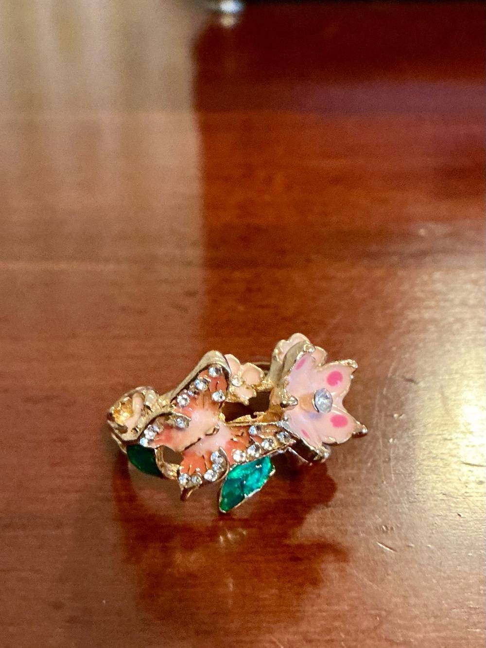 Pink Floral Enamel & Crystal Ring with Green Leaves - Women Jewelry